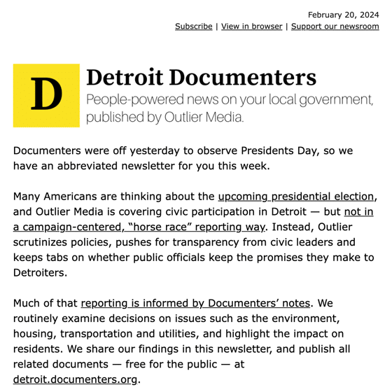 Outlier Media Detroit Documenters Newsletter February 2024