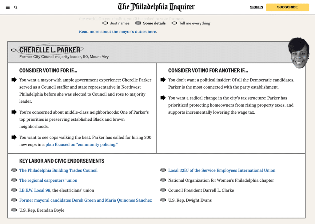 Sample candidate summary from Philadelphia Inquirer 2023 Voter Guide