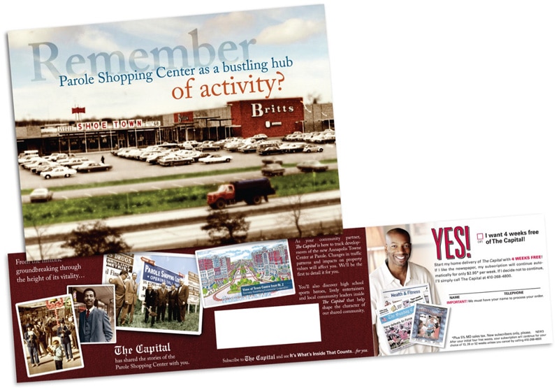 A direct mail postcard with colorized images of a 1960s shopping center. The headline reads "Remember when Parole Shopping Center was a bustling hub of activity?"